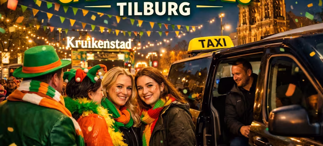 Carnaval 2026 in Tilburg met feestvierders die gebruikmaken van taxi vervoer door Taxi Centrale Tilburg