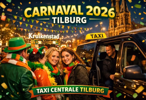 Carnaval 2026 in Tilburg met feestvierders die gebruikmaken van taxi vervoer door Taxi Centrale Tilburg